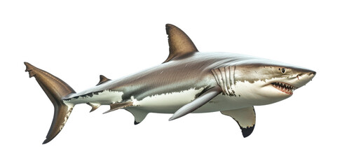 Fototapeta premium Great white shark swimming, dangerous marine predator with sharp teeth, ocean wildlife animal, realistic aquatic sea creature illustration isolated on transparent background