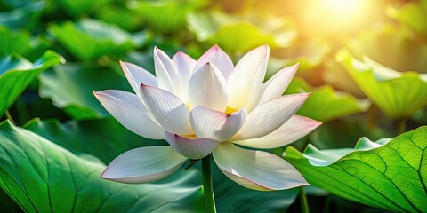 Close up of blooming lotus flower with delicate white petals unfolding from the center, beauty, nature