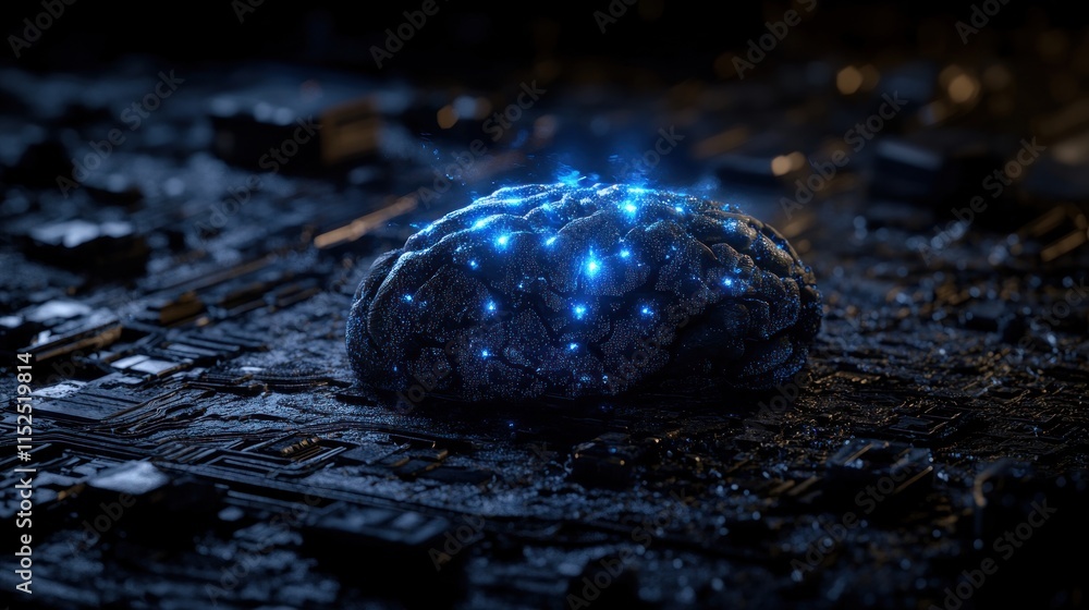 Poster glowing human brain on a circuit board, representing ai and neural networks. (1)