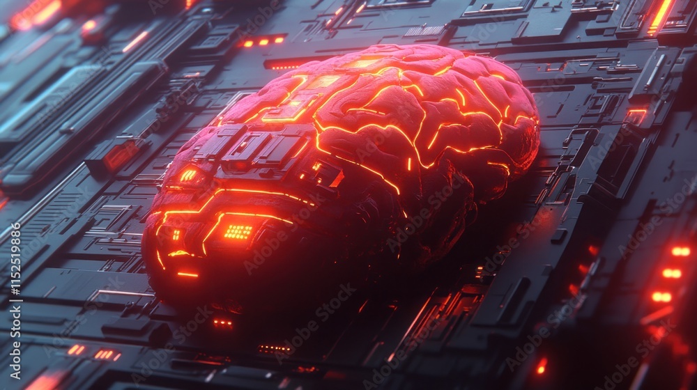 Poster glowing human brain on a circuit board, representing ai and neural networks.