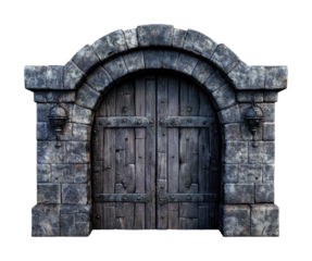 Heavy wooden medieval door set in stone archway, historical castle design with textured bricks and iron hinges, old architecture concept isolated on transparent background