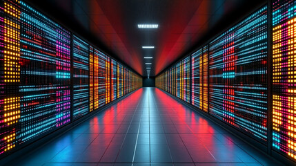 Abstract technology background representing digital chaos, symbolizing data streams, cybersecurity, cloud computing, supercomputing, and neural networks with vibrant colors and complex patterns

