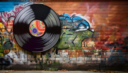 Set against an urban backdrop, a massive vinyl record is creatively integrated into a colorful...