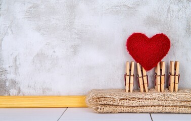 Romantic Red Heart on Wooden Pegs Rustic Background Valentine's Day