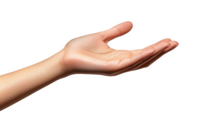 Open palm hand gesture, realistic human hand extended upward, offering or holding pose, skin texture detail, isolated on transparent background