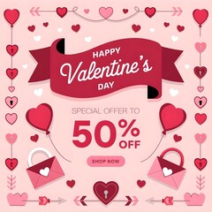 Valentine's Day Sale banner with sweet hearts,speech bubble and valentine elements on pink background.Promotion and shopping template for love and Valentine's day concept. 