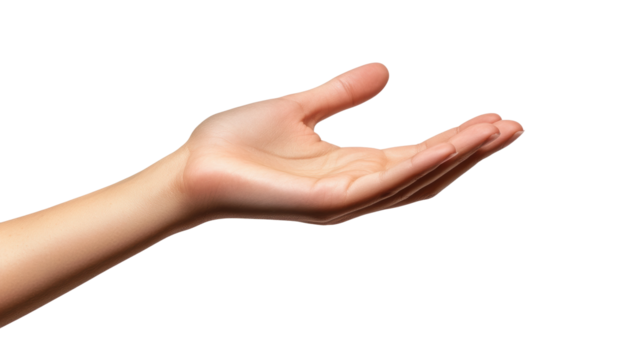 Open palm hand gesture, realistic human hand extended upward, offering or holding pose, skin texture detail, isolated on transparent background - Powered by Adobe