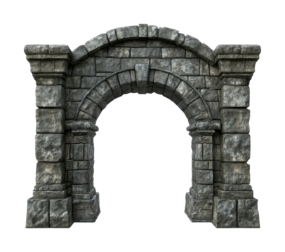 Stone archway made from detailed gray bricks, historical medieval architecture with weathered texture, ancient structure design for history, fantasy, and games isolated on transparent background