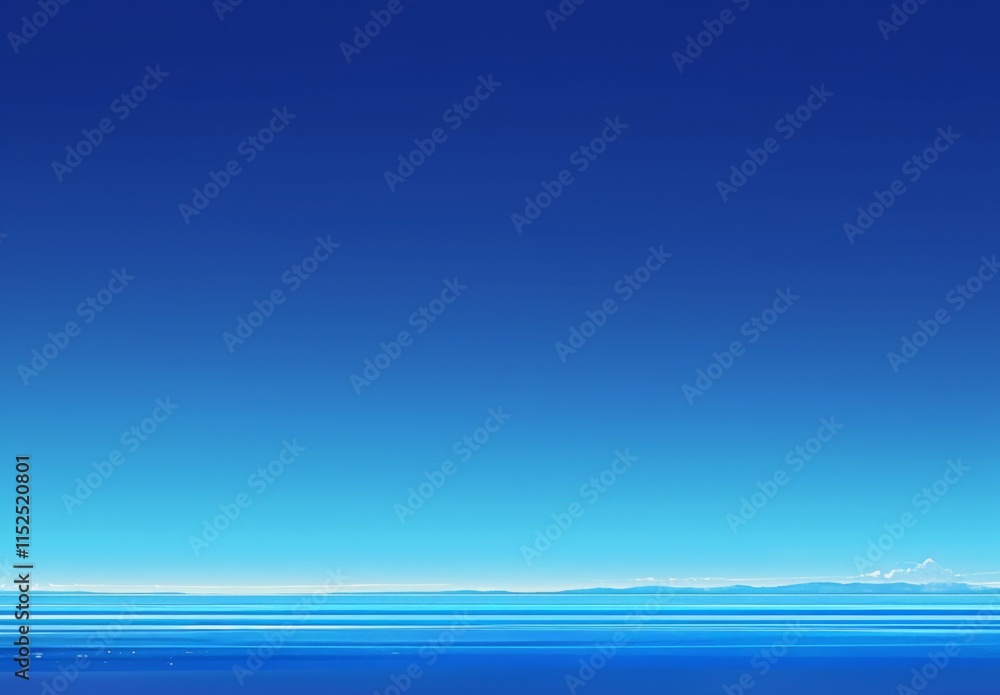 Poster flat blue gradient background with a blurred horizon line of water and sky, featuring a deep blue to
