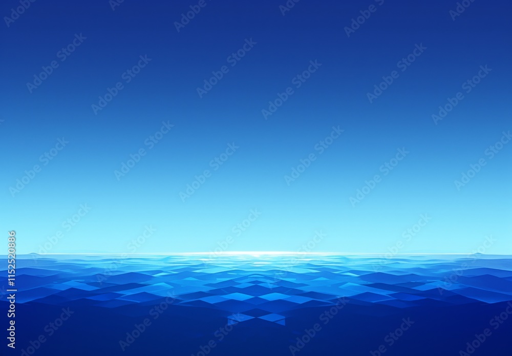 Poster flat blue gradient background with a blurred horizon line of water and sky, featuring a deep blue to