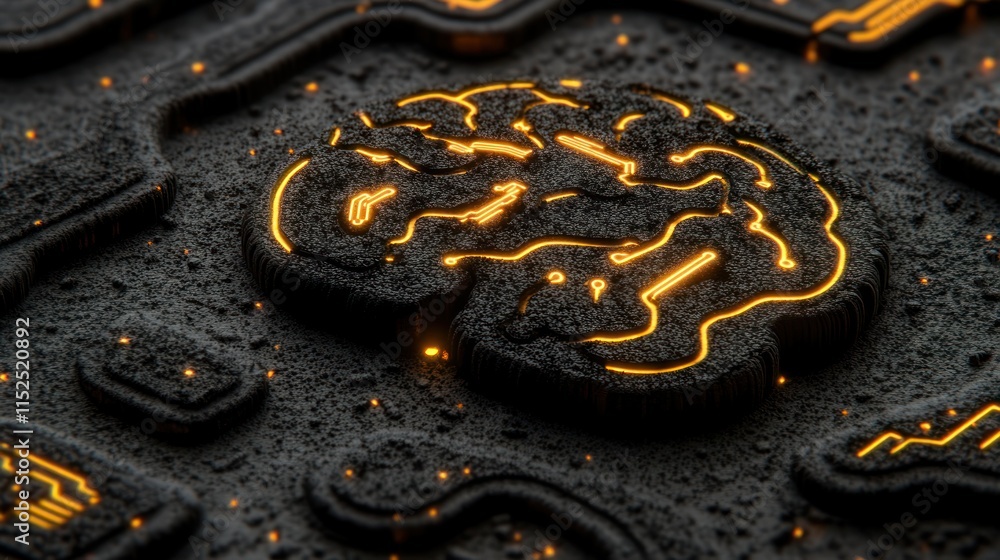 Poster glowing orange brain circuit embedded in dark textured surface.