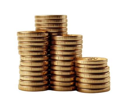 Tall stack of shiny gold coins with detailed engravings, symbol of wealth, investment, and prosperity isolated on transparent background