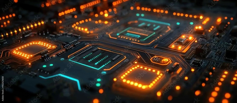 Poster a close-up view of a circuit board with glowing elements, showcasing technology and design.