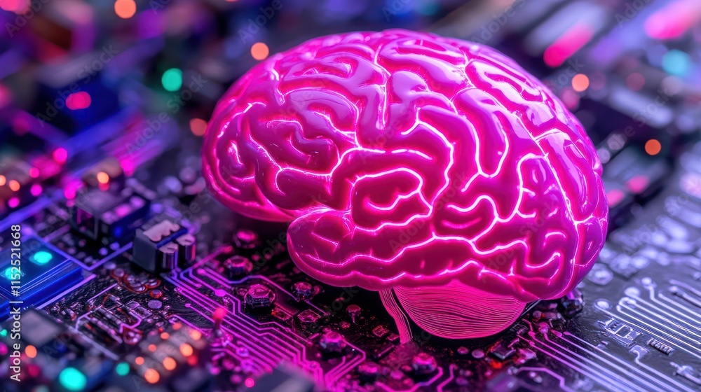 Poster glowing pink brain model on a circuit board, representing ai and neural networks. (1)