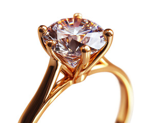 Golden engagement ring with large sparkling diamond in prong setting, luxury jewelry for weddings or proposals, high-quality craftsmanship, elegant design, isolated on transparent background
