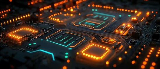 Obraz premium A close-up view of a circuit board with glowing elements, showcasing technology and design.