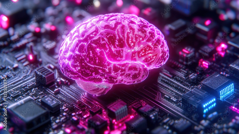 Poster glowing pink brain on a circuit board, representing artificial intelligence and neural networks.