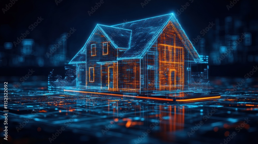 Poster a futuristic digital representation of a house with glowing lines and a tech-inspired design.