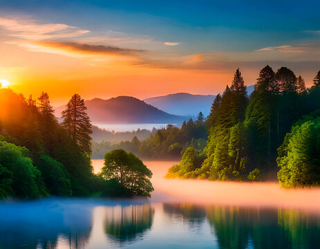 Amanecer con neblina entre el bosque de colores y un lago.