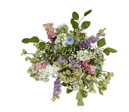 Bouquet of fresh green and white flowers, top view cut out isolated transparent background