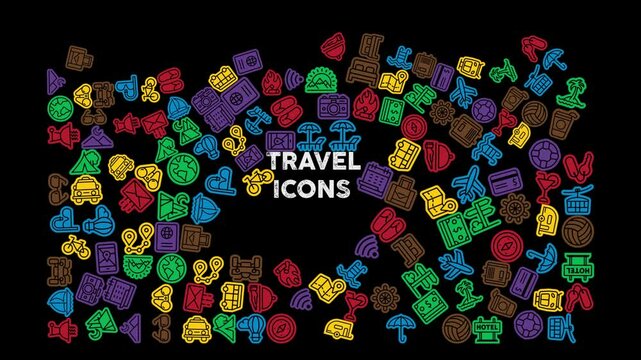 Video with multi-colored icons falling from above. Set of travel related icons. Dynamic video. Screensaver for advertising. Motion. MP4