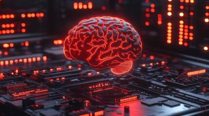 Glowing red brain model hovers over a circuit board, representing AI and neural networks.