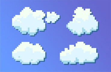 Pixel art of clouds. Retro 8bit blue sky aerial cloud pixel art. Digital clouds pixel art icon set. Flying white computer clouds on blue sky.