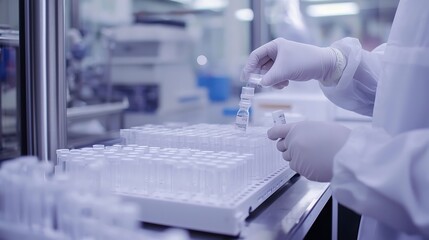 Fototapeta premium Laboratory Technician Carefully Handling Vaccine Vials in a Clean Room Environment with Gloved Hands and Clear Test Tubes in Focus