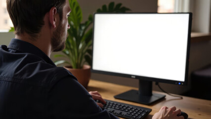 A man is using a desktop computer with a blank white screen.
Concept of workplace technology. Mockup