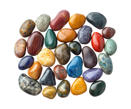 Set of multicolored tumbled stones in diverse shapes and patterns, vibrant polished natural mineral decor and geology art isolated on transparent background