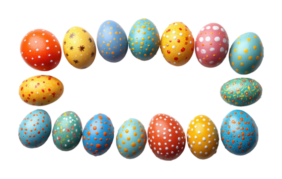 Speckled colorful Easter eggs arranged in a border shape, decorative spring holiday design with vibrant pastel hues for celebration, isolated on transparent background
