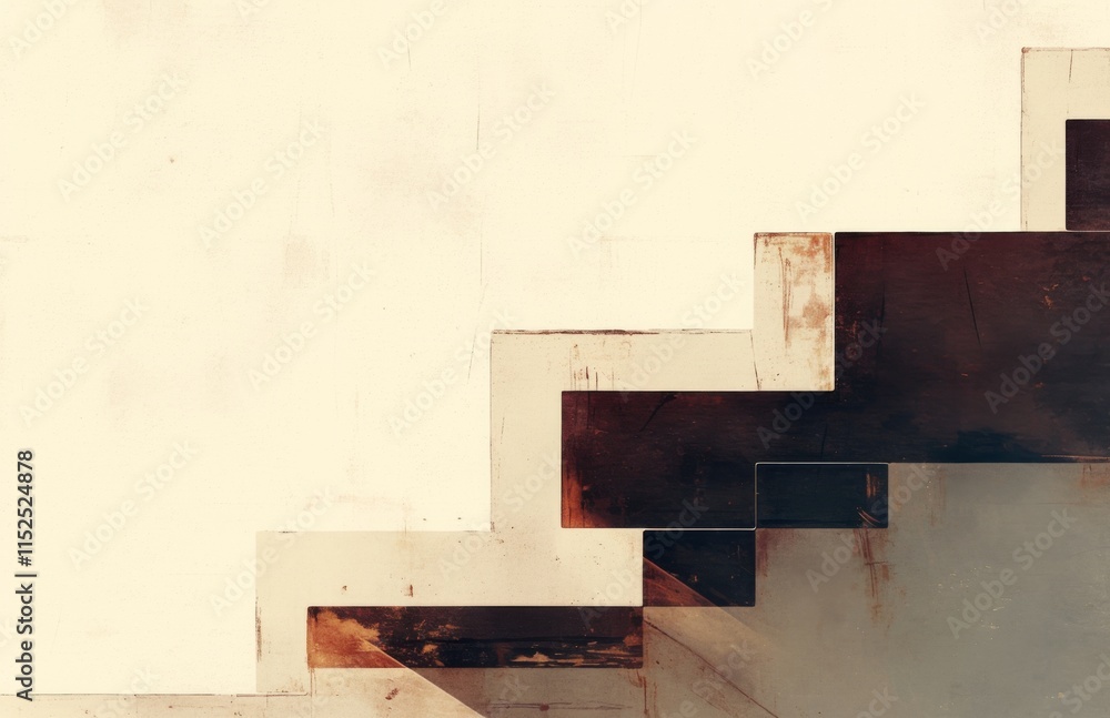 Poster geometric shapes in gray and brown, creating the illusion of an open door or staircase on aged paper