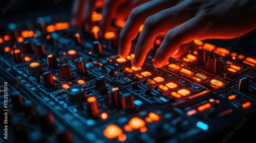 Poster close-up of hands manipulating a synthesizer with glowing controls.