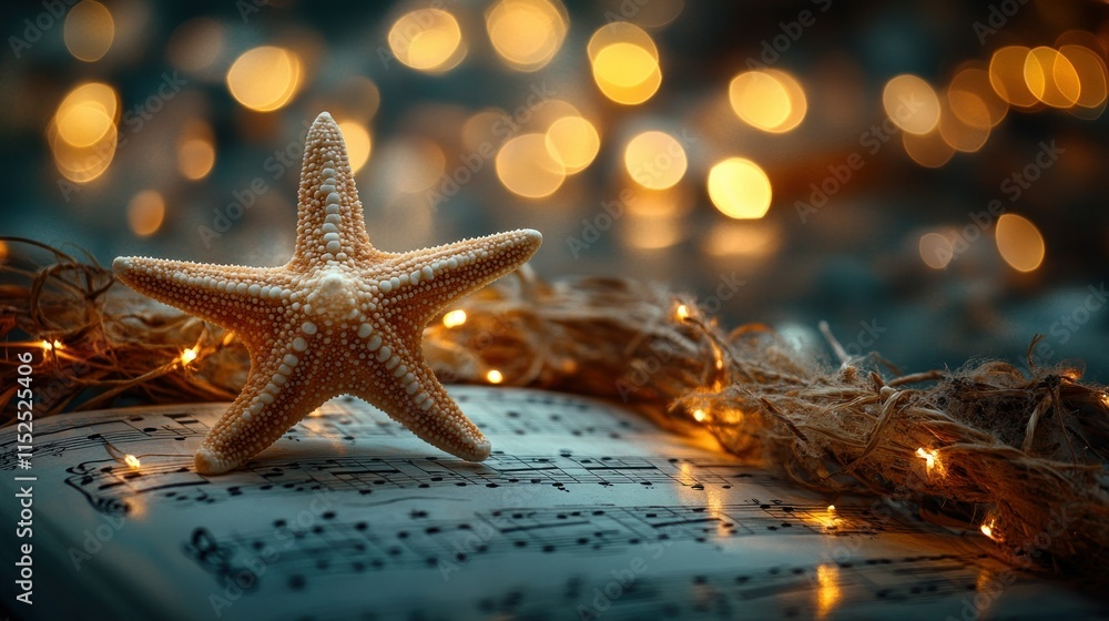 Poster a starfish rests on sheet music surrounded by soft lights, creating a serene atmosphere.