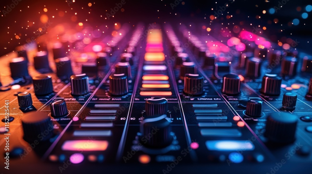 Poster a close-up view of a colorful audio mixing console with illuminated controls and knobs.