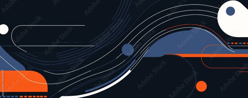 Poster sleek minimalist vector graphic with dark blue background, featuring white and orange lines forming 
