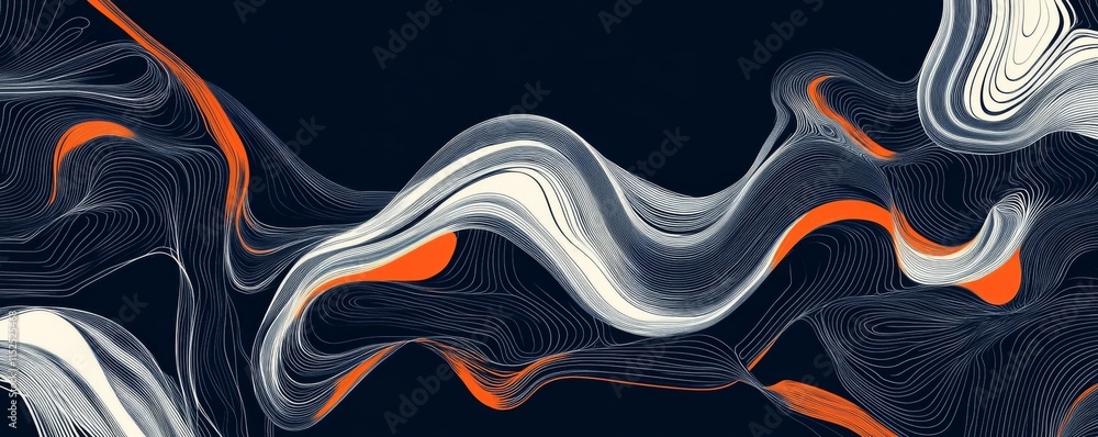 Poster sleek minimalist vector graphic with dark blue background, featuring white and orange lines forming 