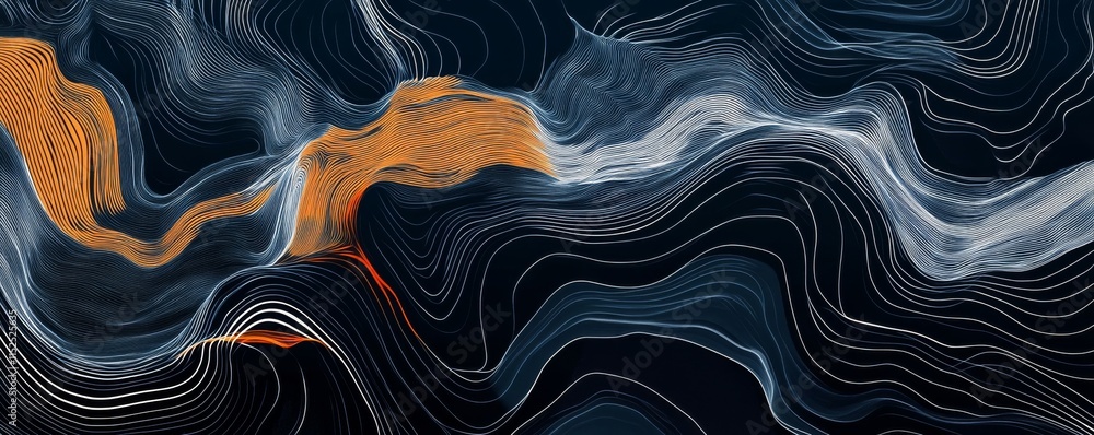 Poster sleek minimalist vector graphic with dark blue background, featuring white and orange lines forming 