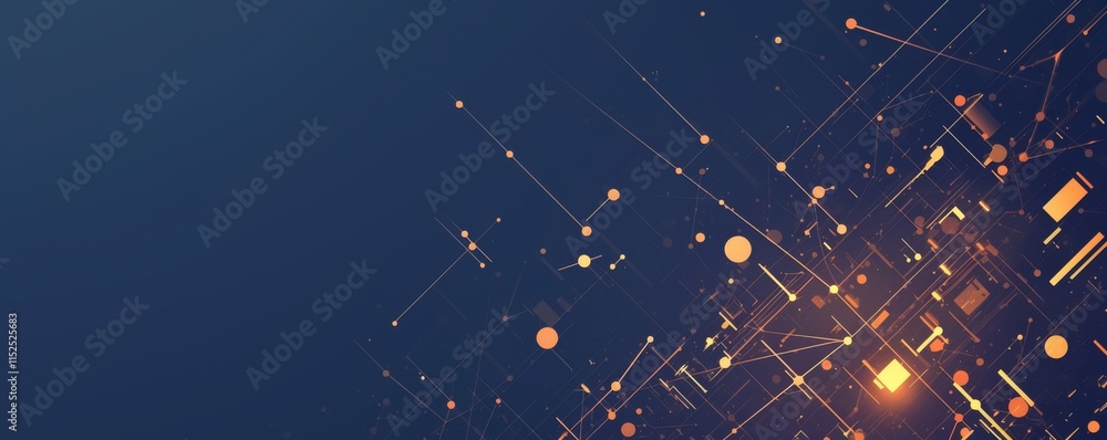 Poster sleek minimalist vector graphic with dark blue background, featuring white and orange lines forming 