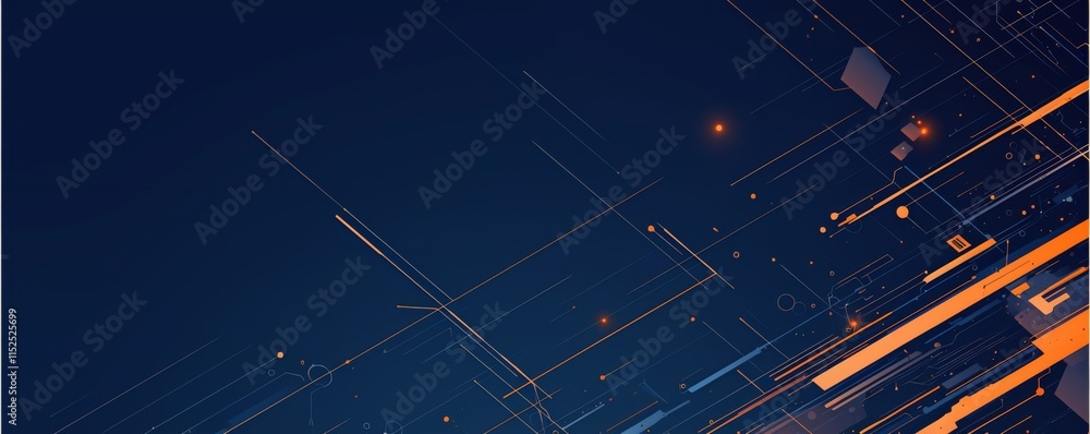 Poster sleek minimalist vector graphic with dark blue background, featuring white and orange lines forming 