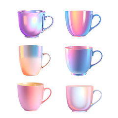 Modern Iridescent Mugs on Transparent Background: Six Ceramic Mugs with Unique Gradient Colors in Pastel Shades of Pink, Blue, Purple, and Peach, Featuring Glossy Finish and Complementary Handles for 