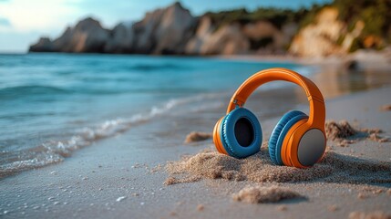 Obraz premium Headphones resting on sandy beach near water, evoking relaxation and music enjoyment.