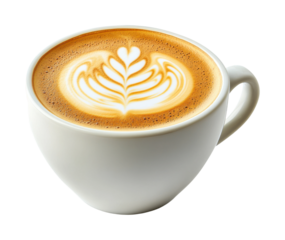 Cappuccino latte with intricate milk foam art served in a modern white ceramic cup, creamy coffee drink perfect for cafes or mornings isolated on transparent background