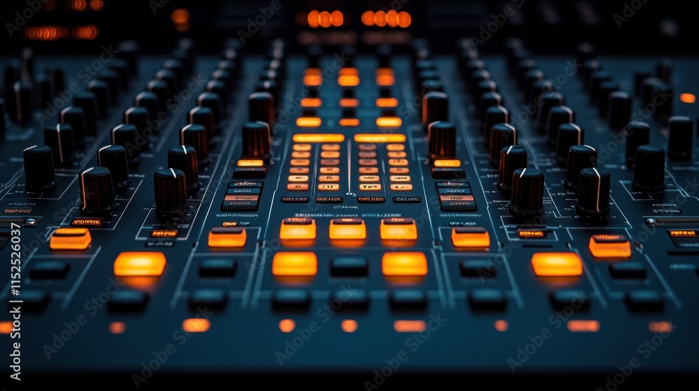 Poster a close-up of a digital audio mixer with illuminated buttons and knobs for music production.