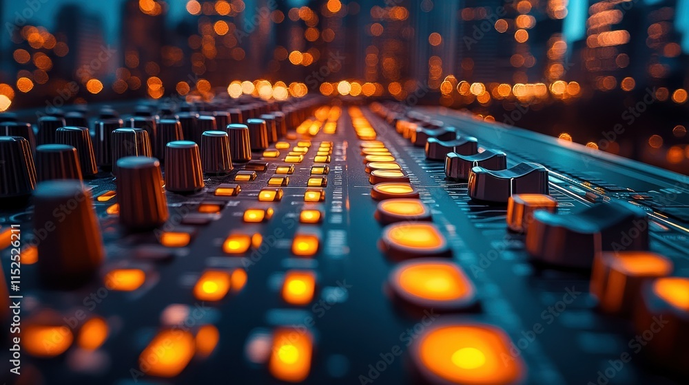 Poster close-up of a mixing console with illuminated buttons, set against a city backdrop.
