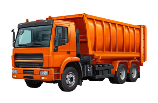 Bright orange dump truck with industrial heavy-duty design, construction vehicle for transporting materials in engineering and roadwork projects isolated on transparent background