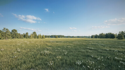 Fototapeta premium Wide meadow with scattered white wildflowers under a sunny blue sky