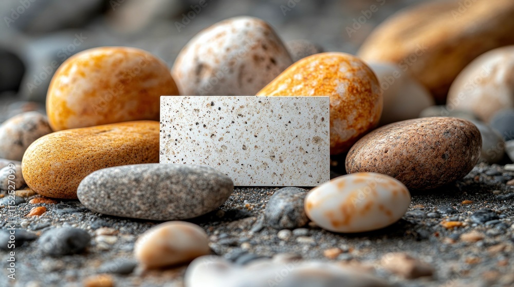 Poster a textured stone surface with a blank card surrounded by various pebbles.