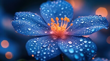 A close-up of a blue flower with water droplets, showcasing its vibrant colors and details.