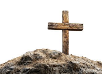 Wooden cross atop a solitary hill bathed in serene light. Isolated on transparent background, png.